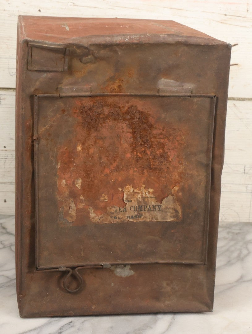 Lot 032 - Antique Stencil Painted Tin From The Oriental Tea Company, Boston, In Red Paint, With Various Wear And Tear, Internal Rust, Approximately 13-3/8" x 13-3/8" x 9-5/8"