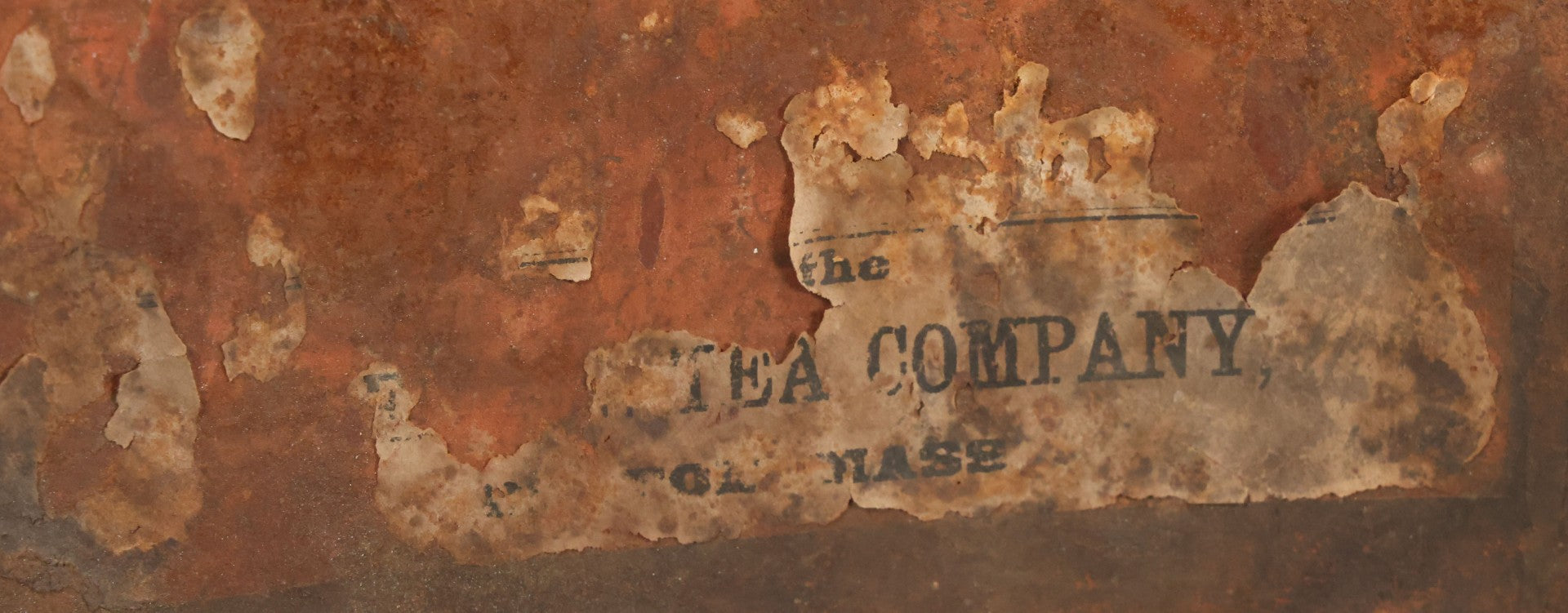 Lot 032 - Antique Stencil Painted Tin From The Oriental Tea Company, Boston, In Red Paint, With Various Wear And Tear, Internal Rust, Approximately 13-3/8" x 13-3/8" x 9-5/8"