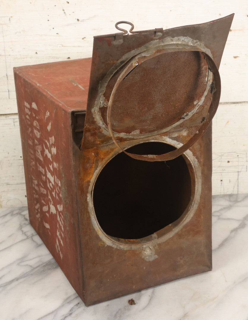 Lot 032 - Antique Stencil Painted Tin From The Oriental Tea Company, Boston, In Red Paint, With Various Wear And Tear, Internal Rust, Approximately 13-3/8" x 13-3/8" x 9-5/8"