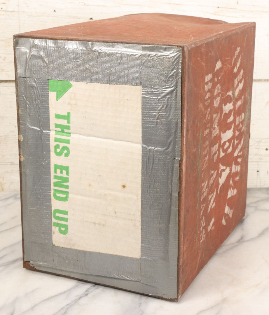 Lot 032 - Antique Stencil Painted Tin From The Oriental Tea Company, Boston, In Red Paint, With Various Wear And Tear, Internal Rust, Approximately 13-3/8" x 13-3/8" x 9-5/8"