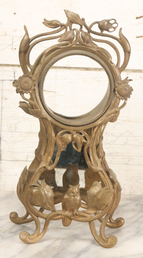 Lot 033 - Antique Art Nouveau Gilded Cast Metal Clock Case With Owl Motif, Mirror Backing, No Clock, Note Losses, Damage, 12-3/8" High