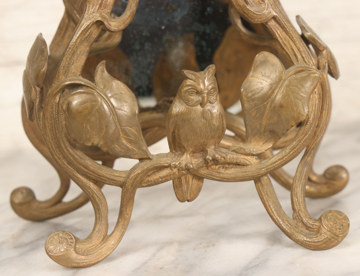 Lot 033 - Antique Art Nouveau Gilded Cast Metal Clock Case With Owl Motif, Mirror Backing, No Clock, Note Losses, Damage, 12-3/8" High