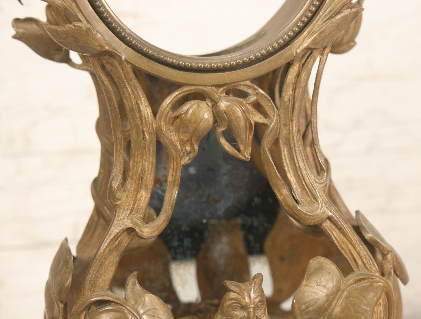 Lot 033 - Antique Art Nouveau Gilded Cast Metal Clock Case With Owl Motif, Mirror Backing, No Clock, Note Losses, Damage, 12-3/8" High