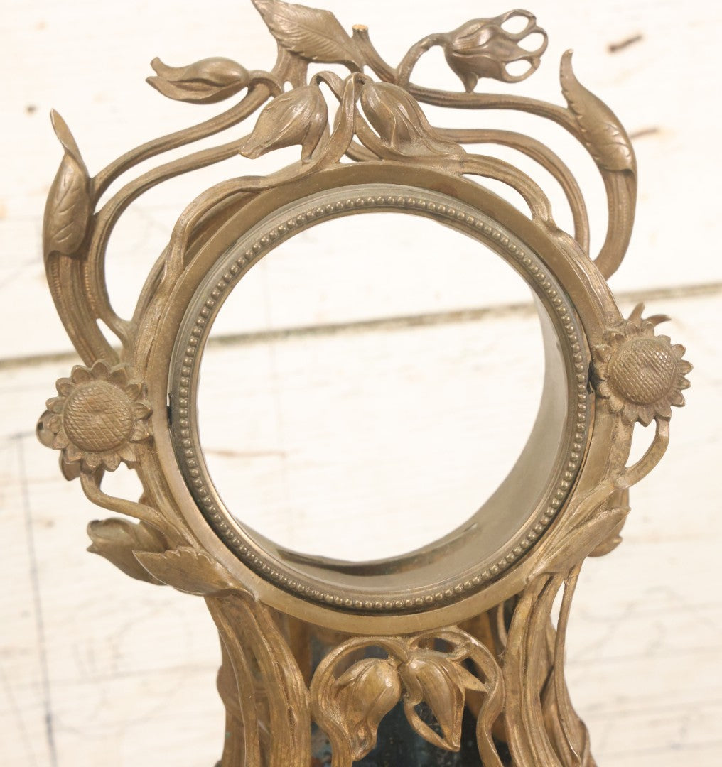 Lot 033 - Antique Art Nouveau Gilded Cast Metal Clock Case With Owl Motif, Mirror Backing, No Clock, Note Losses, Damage, 12-3/8" High