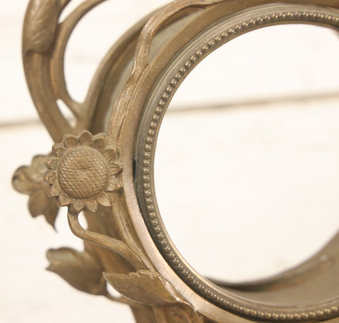 Lot 033 - Antique Art Nouveau Gilded Cast Metal Clock Case With Owl Motif, Mirror Backing, No Clock, Note Losses, Damage, 12-3/8" High