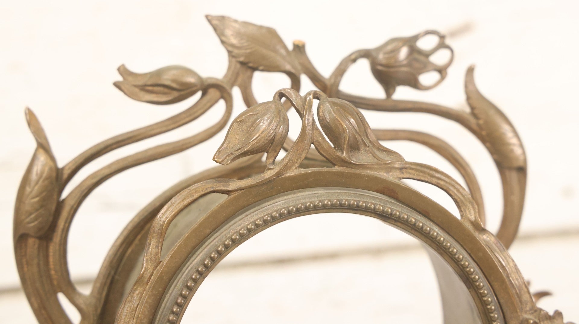 Lot 033 - Antique Art Nouveau Gilded Cast Metal Clock Case With Owl Motif, Mirror Backing, No Clock, Note Losses, Damage, 12-3/8" High