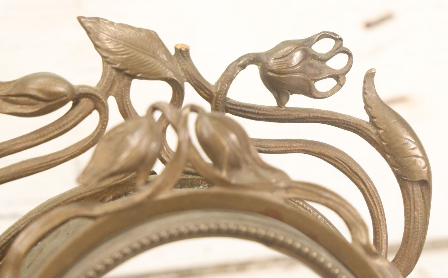 Lot 033 - Antique Art Nouveau Gilded Cast Metal Clock Case With Owl Motif, Mirror Backing, No Clock, Note Losses, Damage, 12-3/8" High