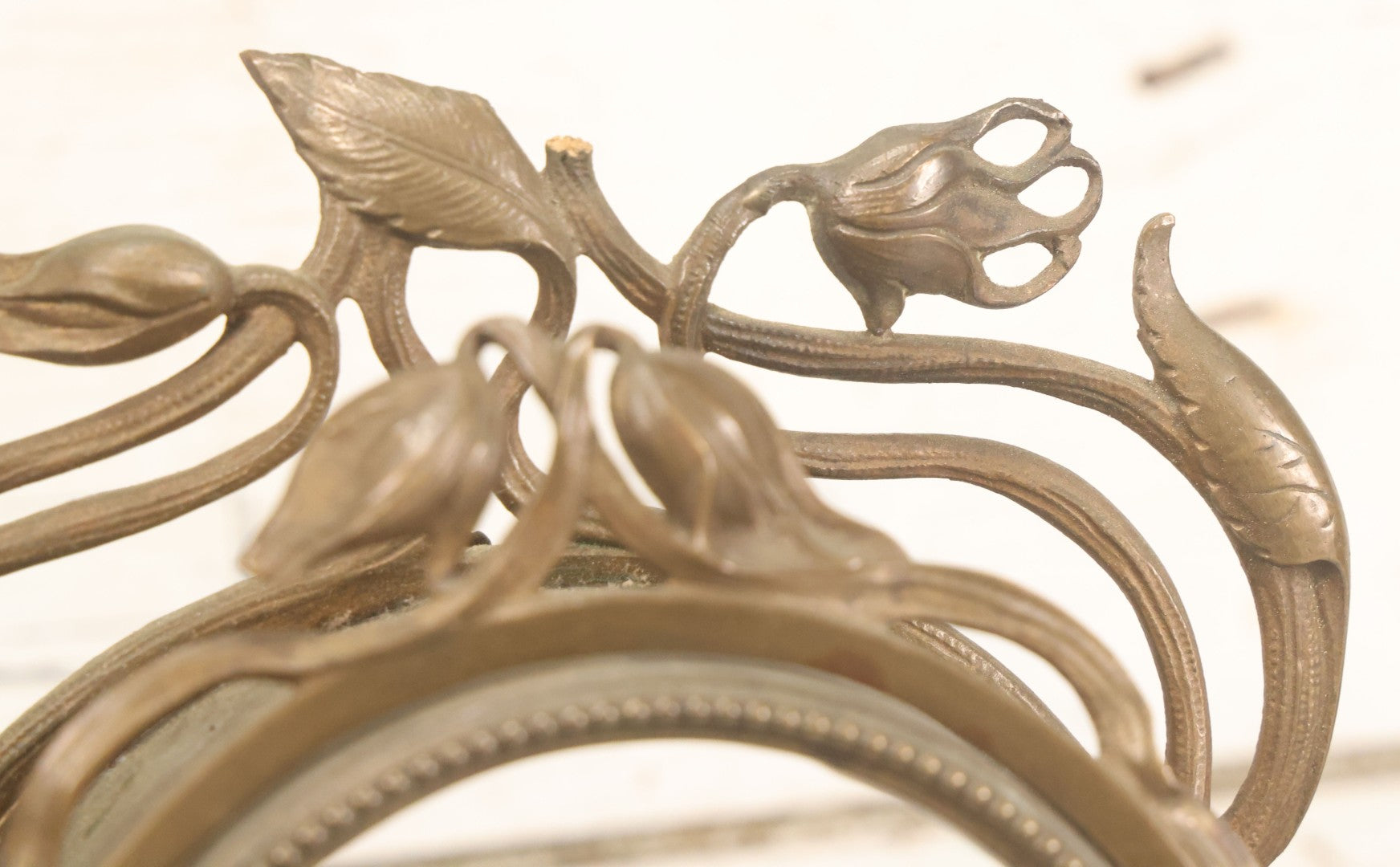 Lot 033 - Antique Art Nouveau Gilded Cast Metal Clock Case With Owl Motif, Mirror Backing, No Clock, Note Losses, Damage, 12-3/8" High