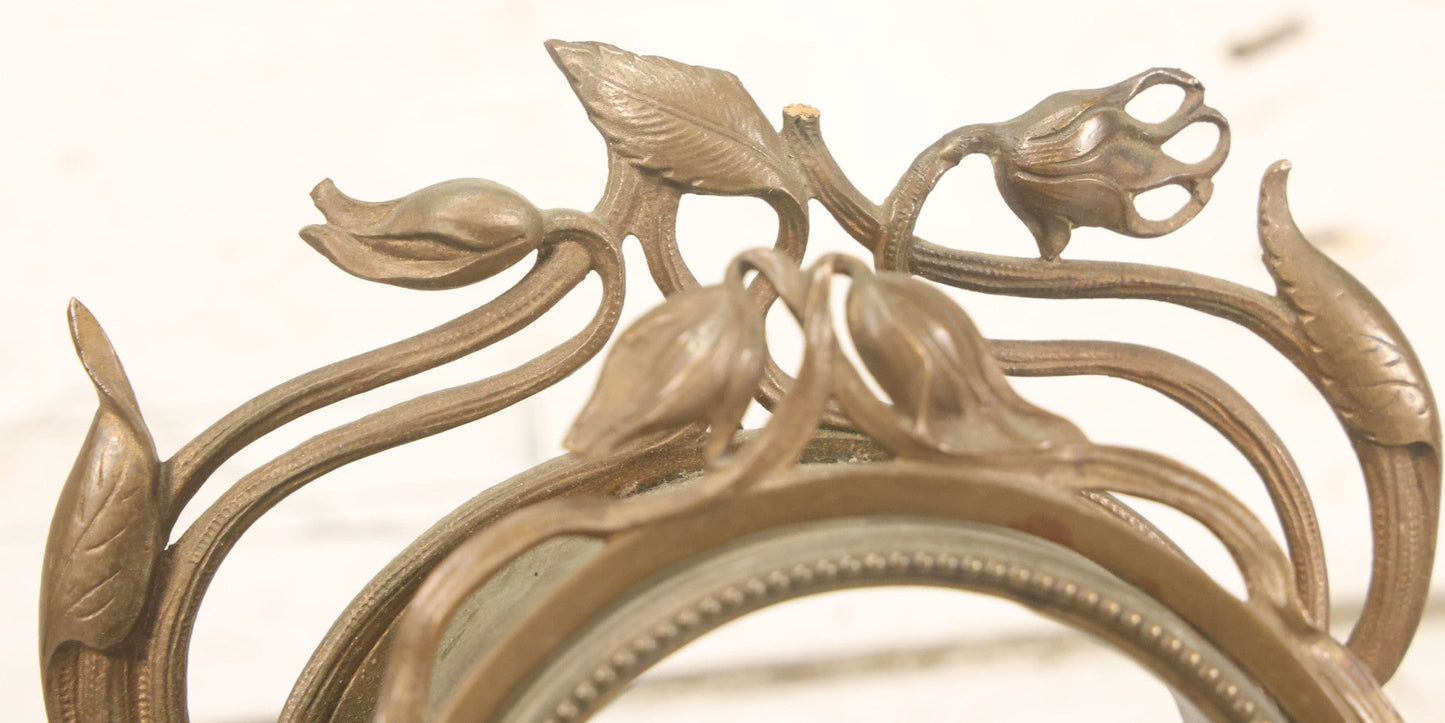 Lot 033 - Antique Art Nouveau Gilded Cast Metal Clock Case With Owl Motif, Mirror Backing, No Clock, Note Losses, Damage, 12-3/8" High