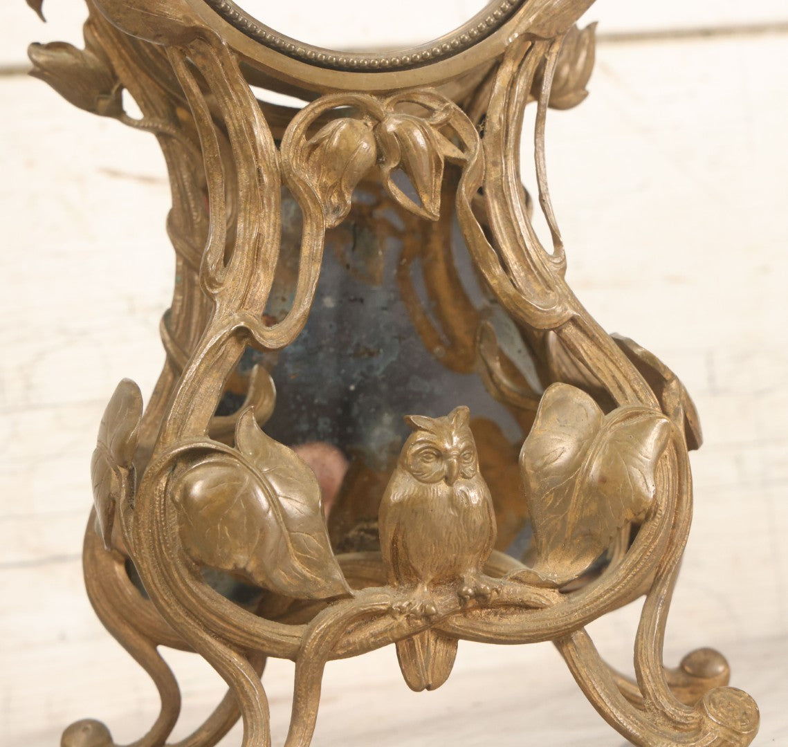 Lot 033 - Antique Art Nouveau Gilded Cast Metal Clock Case With Owl Motif, Mirror Backing, No Clock, Note Losses, Damage, 12-3/8" High