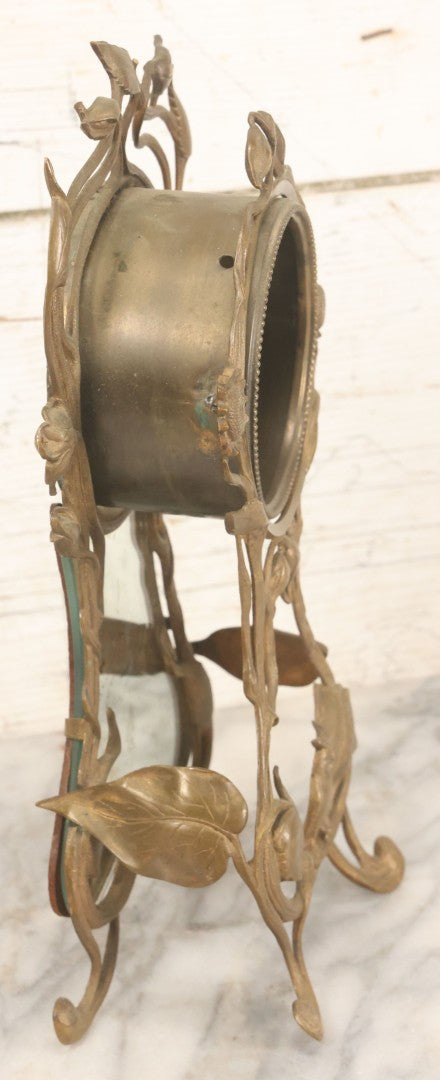 Lot 033 - Antique Art Nouveau Gilded Cast Metal Clock Case With Owl Motif, Mirror Backing, No Clock, Note Losses, Damage, 12-3/8" High