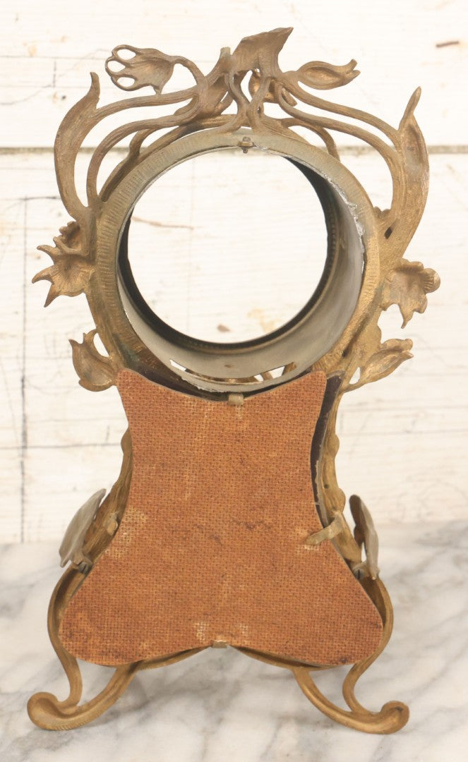 Lot 033 - Antique Art Nouveau Gilded Cast Metal Clock Case With Owl Motif, Mirror Backing, No Clock, Note Losses, Damage, 12-3/8" High