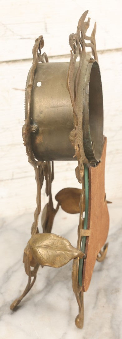 Lot 033 - Antique Art Nouveau Gilded Cast Metal Clock Case With Owl Motif, Mirror Backing, No Clock, Note Losses, Damage, 12-3/8" High