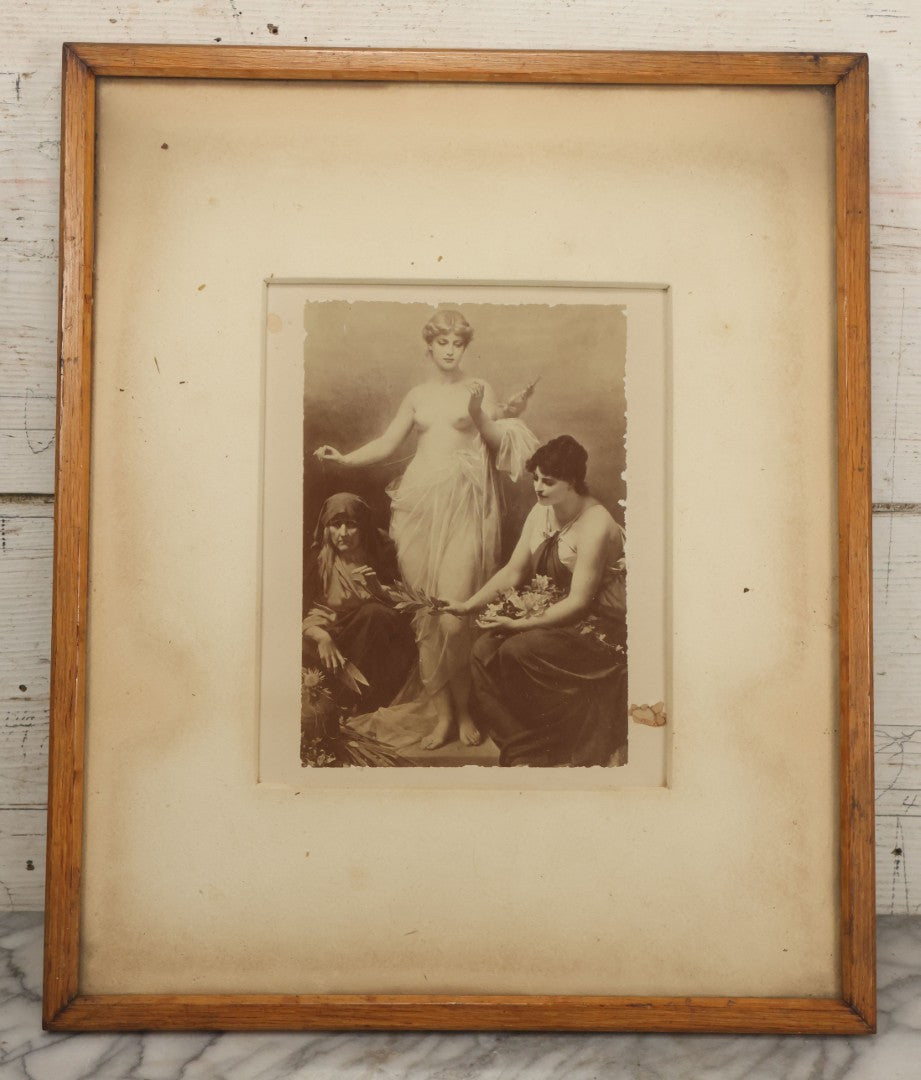 Lot 034 - Antique Print In Frame Of "The Three Fates" Of Greek Mythology, Who Spin, Measure And Cut The Thread Of Life, 15" x 18", Note Loss, Wear