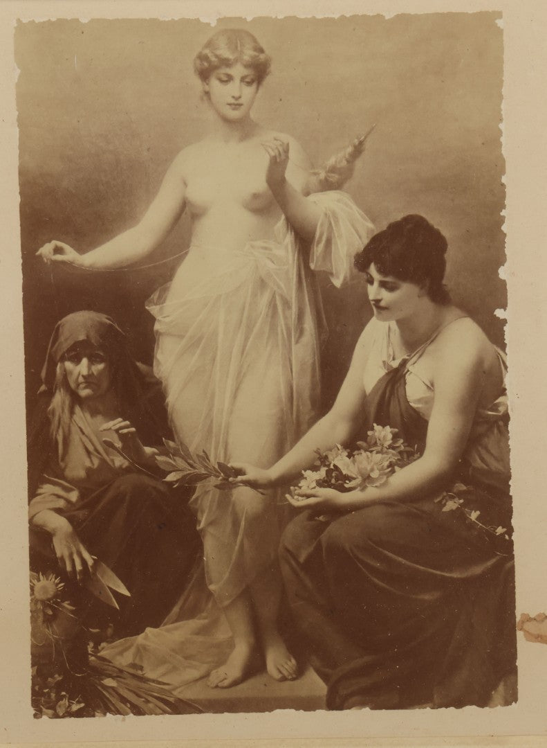 Lot 034 - Antique Print In Frame Of "The Three Fates" Of Greek Mythology, Who Spin, Measure And Cut The Thread Of Life, 15" x 18", Note Loss, Wear