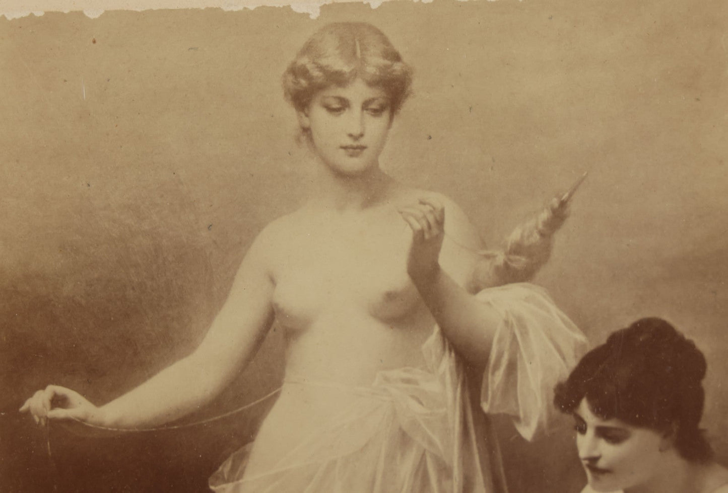 Lot 034 - Antique Print In Frame Of "The Three Fates" Of Greek Mythology, Who Spin, Measure And Cut The Thread Of Life, 15" x 18", Note Loss, Wear