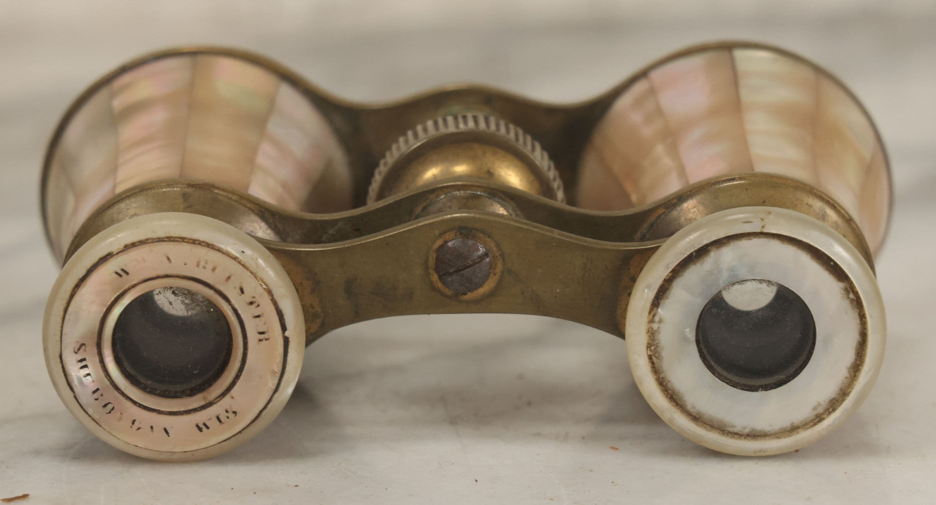 Lot 035 - Antique Mother Of Pearl Coated Opera Glasses Binoculars With Case, Marked William A. Rutster, Sheboygan, Wisconsin, Note Missing Nameplate, Right Side Lens, Working Condition