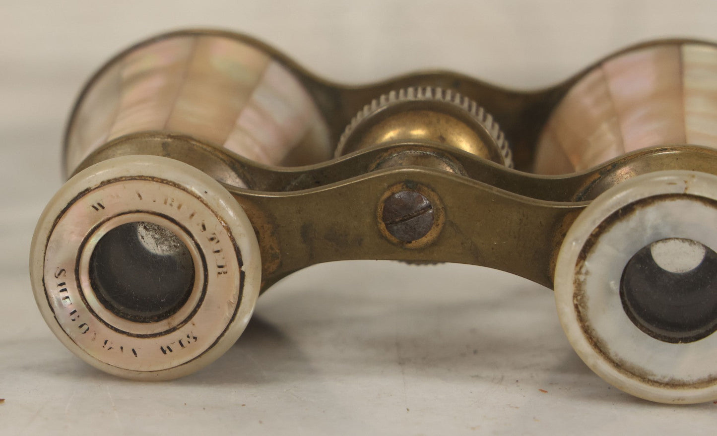 Lot 035 - Antique Mother Of Pearl Coated Opera Glasses Binoculars With Case, Marked William A. Rutster, Sheboygan, Wisconsin, Note Missing Nameplate, Right Side Lens, Working Condition