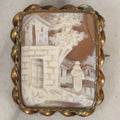 Lot 038 - Antique Shell Cameo Brooch Pin With A Scene Of A Woman Walking Beside A Stone Building, Village With Trees, Note Crack Upper Right, Missing Pin Stay