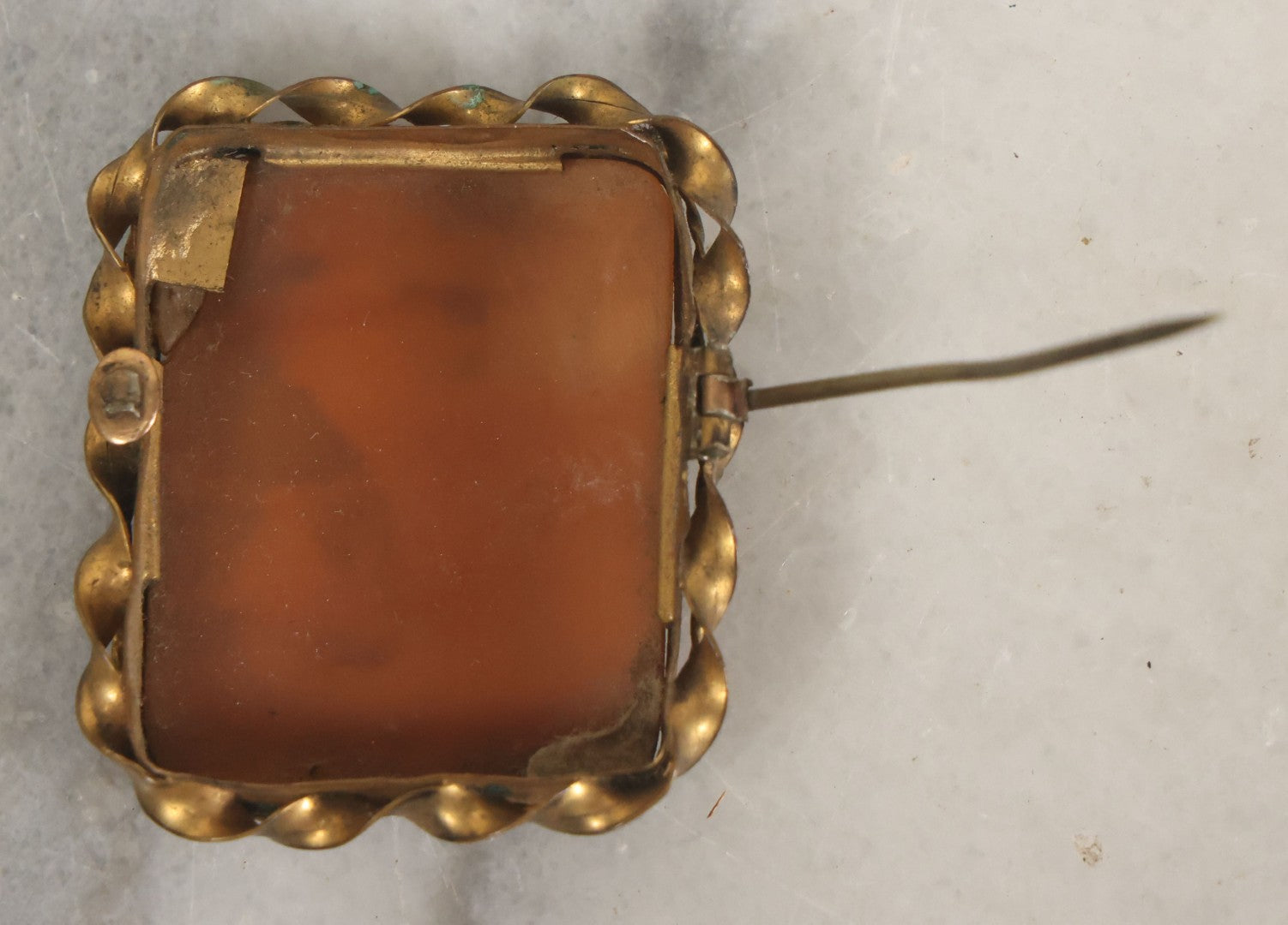 Lot 038 - Antique Shell Cameo Brooch Pin With A Scene Of A Woman Walking Beside A Stone Building, Village With Trees, Note Crack Upper Right, Missing Pin Stay