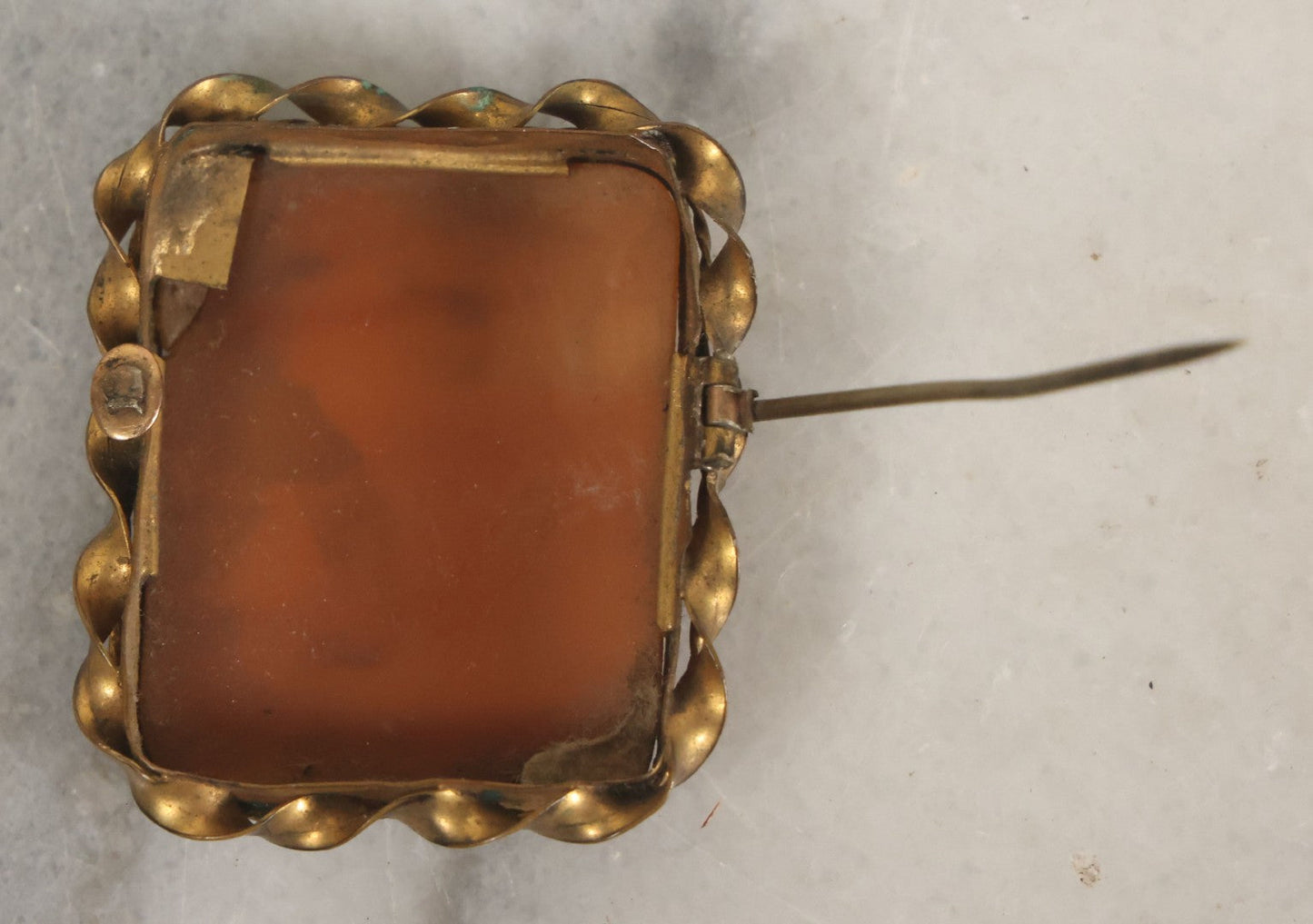 Lot 038 - Antique Shell Cameo Brooch Pin With A Scene Of A Woman Walking Beside A Stone Building, Village With Trees, Note Crack Upper Right, Missing Pin Stay