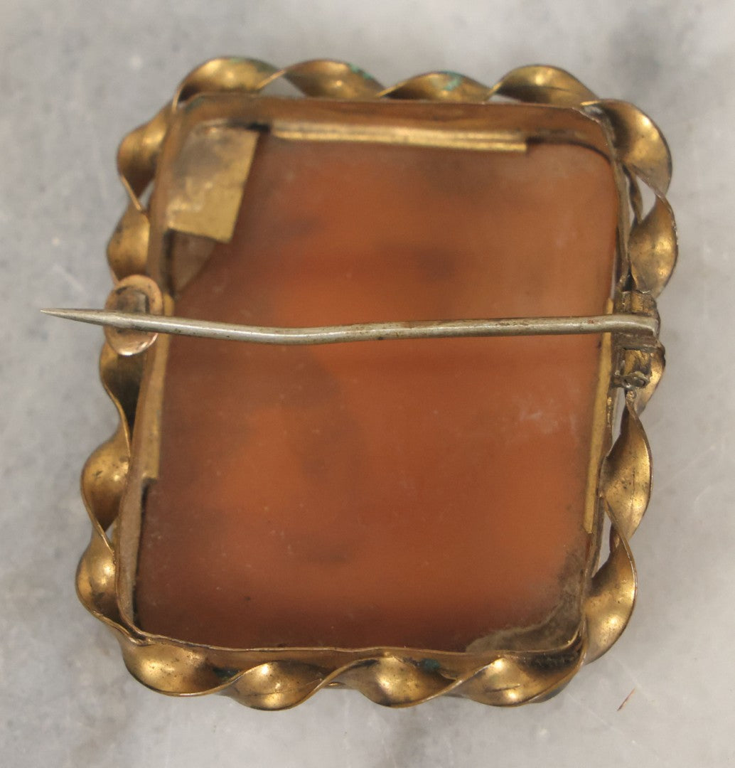 Lot 038 - Antique Shell Cameo Brooch Pin With A Scene Of A Woman Walking Beside A Stone Building, Village With Trees, Note Crack Upper Right, Missing Pin Stay