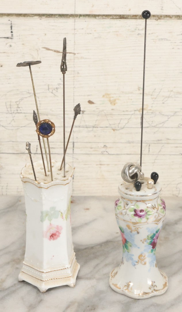 Lot 040 - Grouping Of Twelve Antique Hat Pins And Two Porcelain Hat Pin Holders, Including Some With Sterling, Blue Gem, Art Nouveau, And More