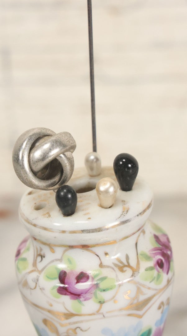 Lot 040 - Grouping Of Twelve Antique Hat Pins And Two Porcelain Hat Pin Holders, Including Some With Sterling, Blue Gem, Art Nouveau, And More