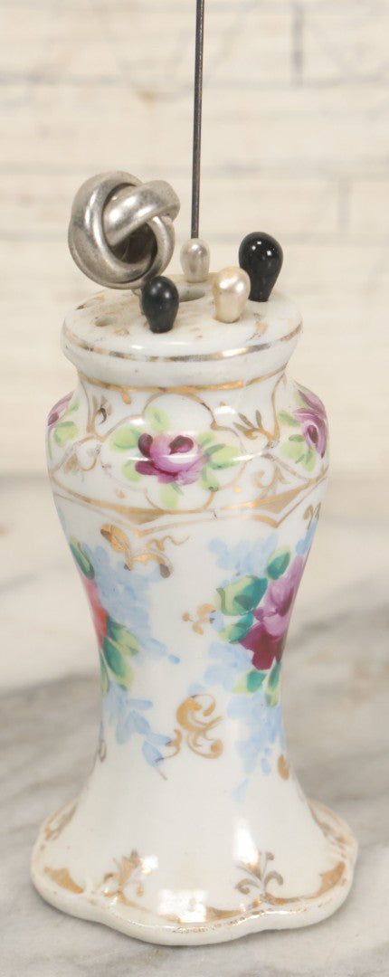 Lot 040 - Grouping Of Twelve Antique Hat Pins And Two Porcelain Hat Pin Holders, Including Some With Sterling, Blue Gem, Art Nouveau, And More