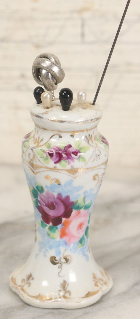 Lot 040 - Grouping Of Twelve Antique Hat Pins And Two Porcelain Hat Pin Holders, Including Some With Sterling, Blue Gem, Art Nouveau, And More