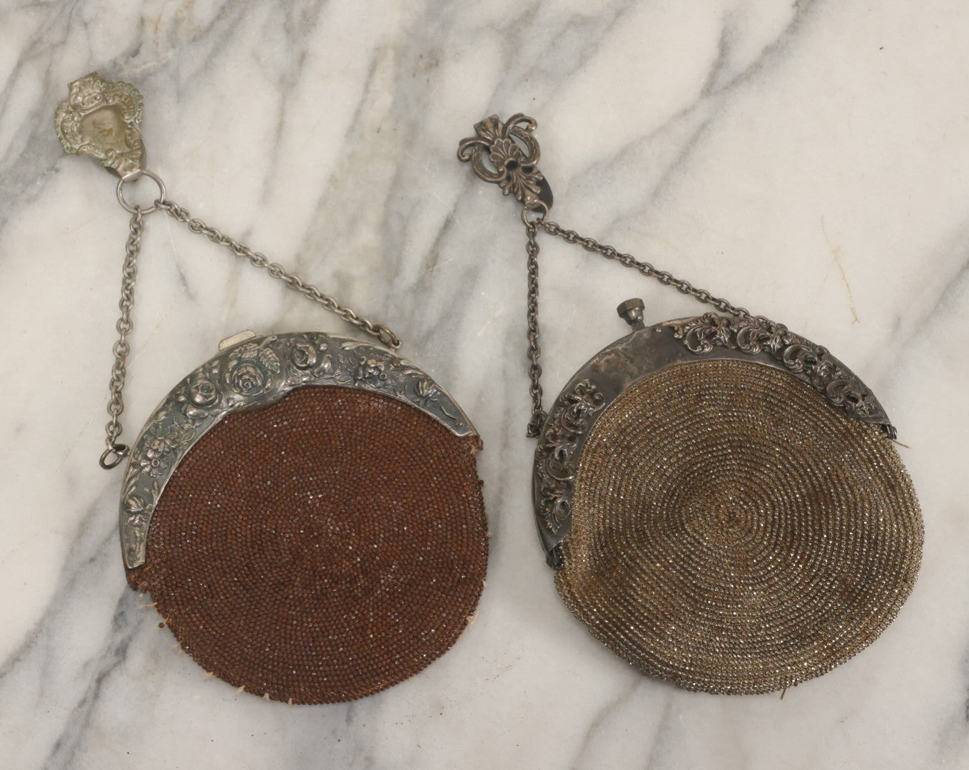 Lot 041 - Pair Of Antique Beaded Purses With Silverplate Hardware, Chatelaine Clip, Circa 1900, Note Wear, Losses, Worn Interior