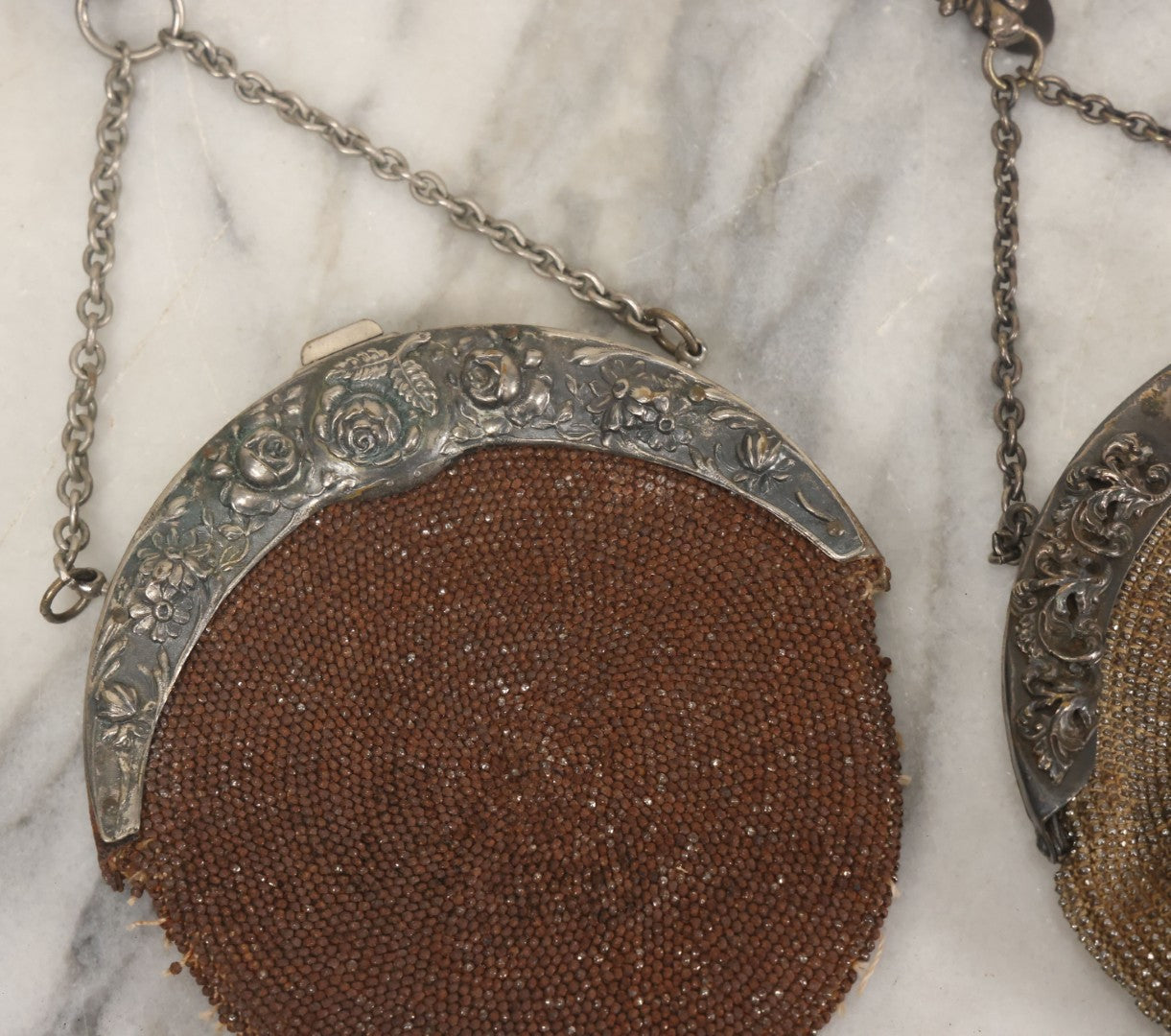 Lot 041 - Pair Of Antique Beaded Purses With Silverplate Hardware, Chatelaine Clip, Circa 1900, Note Wear, Losses, Worn Interior