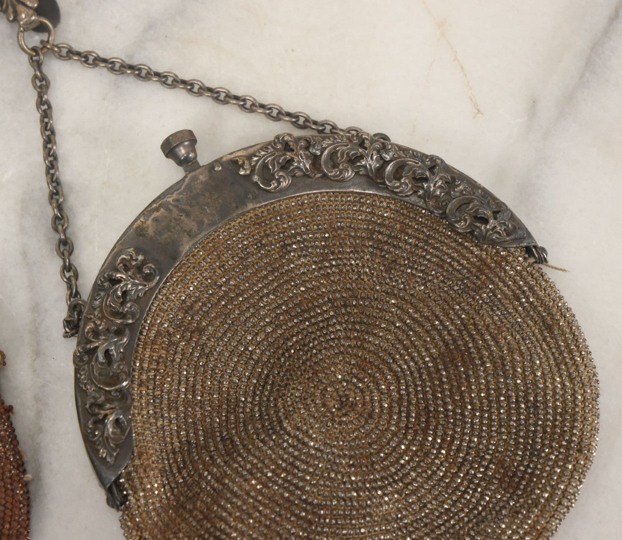 Lot 041 - Pair Of Antique Beaded Purses With Silverplate Hardware, Chatelaine Clip, Circa 1900, Note Wear, Losses, Worn Interior