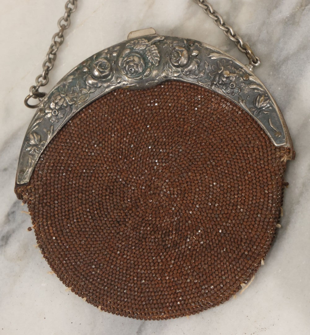 Lot 041 - Pair Of Antique Beaded Purses With Silverplate Hardware, Chatelaine Clip, Circa 1900, Note Wear, Losses, Worn Interior