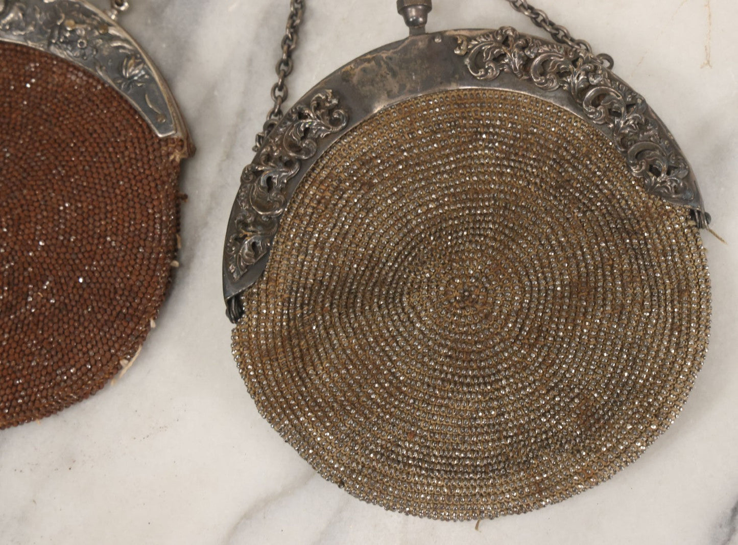 Lot 041 - Pair Of Antique Beaded Purses With Silverplate Hardware, Chatelaine Clip, Circa 1900, Note Wear, Losses, Worn Interior