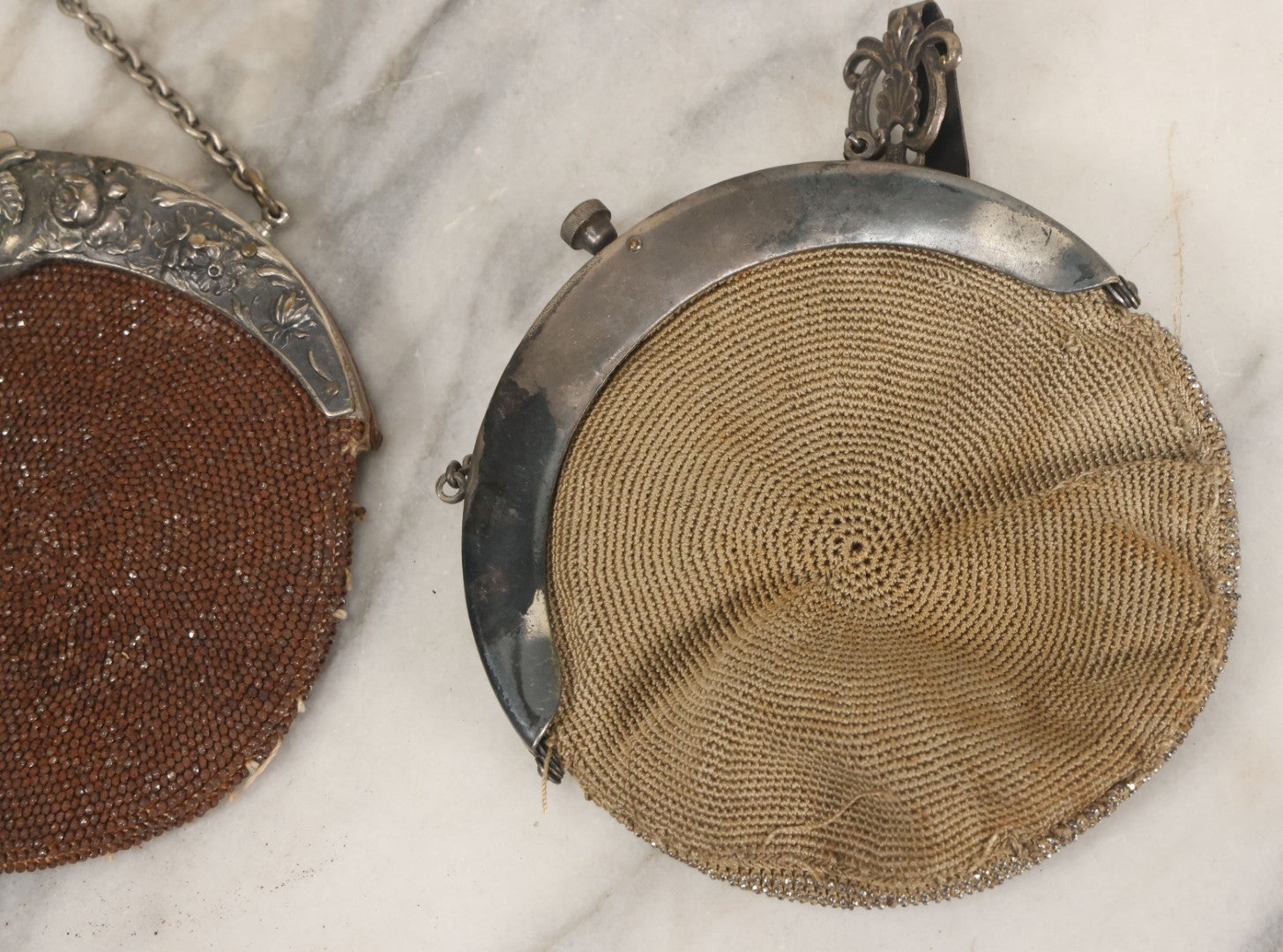 Lot 041 - Pair Of Antique Beaded Purses With Silverplate Hardware, Chatelaine Clip, Circa 1900, Note Wear, Losses, Worn Interior