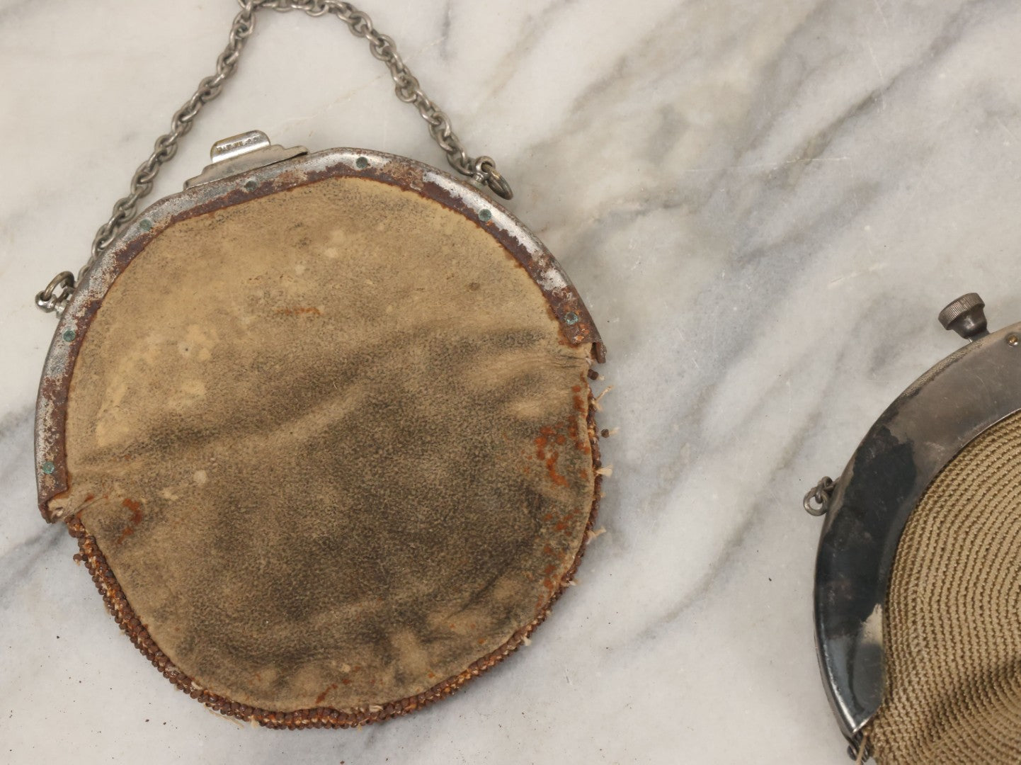 Lot 041 - Pair Of Antique Beaded Purses With Silverplate Hardware, Chatelaine Clip, Circa 1900, Note Wear, Losses, Worn Interior