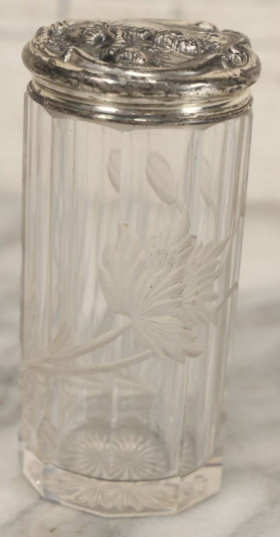 Lot 042 - Antique Etched Glass Powder Shaker With Sterling Silver Art Nouveau Repoussé Lid, Botanical Motif Cut Into Glass, Marked Sterling