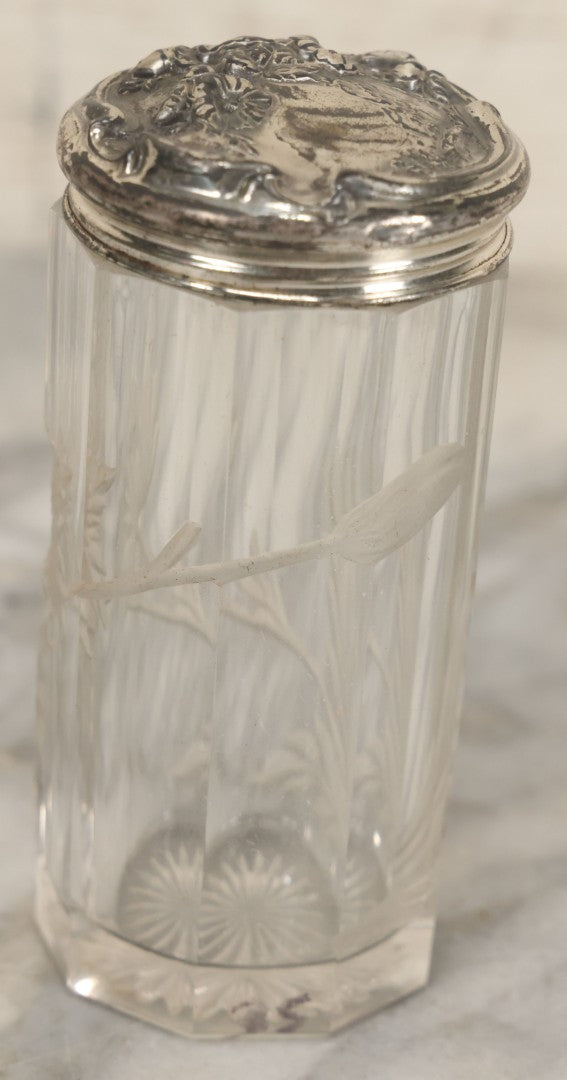 Lot 042 - Antique Etched Glass Powder Shaker With Sterling Silver Art Nouveau Repoussé Lid, Botanical Motif Cut Into Glass, Marked Sterling