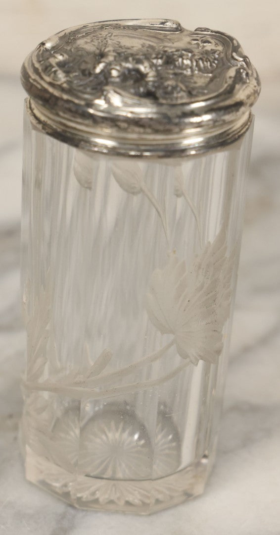Lot 042 - Antique Etched Glass Powder Shaker With Sterling Silver Art Nouveau Repoussé Lid, Botanical Motif Cut Into Glass, Marked Sterling