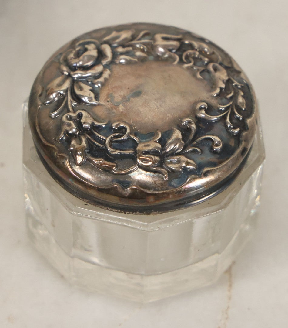 Lot 043 - Antique Glass Dresser Powder Or Cream Jar With Sterling Silver Art Nouveau Repoussé Lid, Marked Sterling