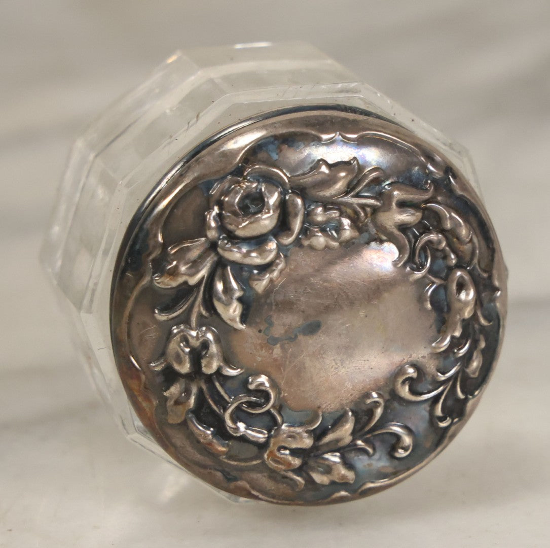 Lot 043 - Antique Glass Dresser Powder Or Cream Jar With Sterling Silver Art Nouveau Repoussé Lid, Marked Sterling