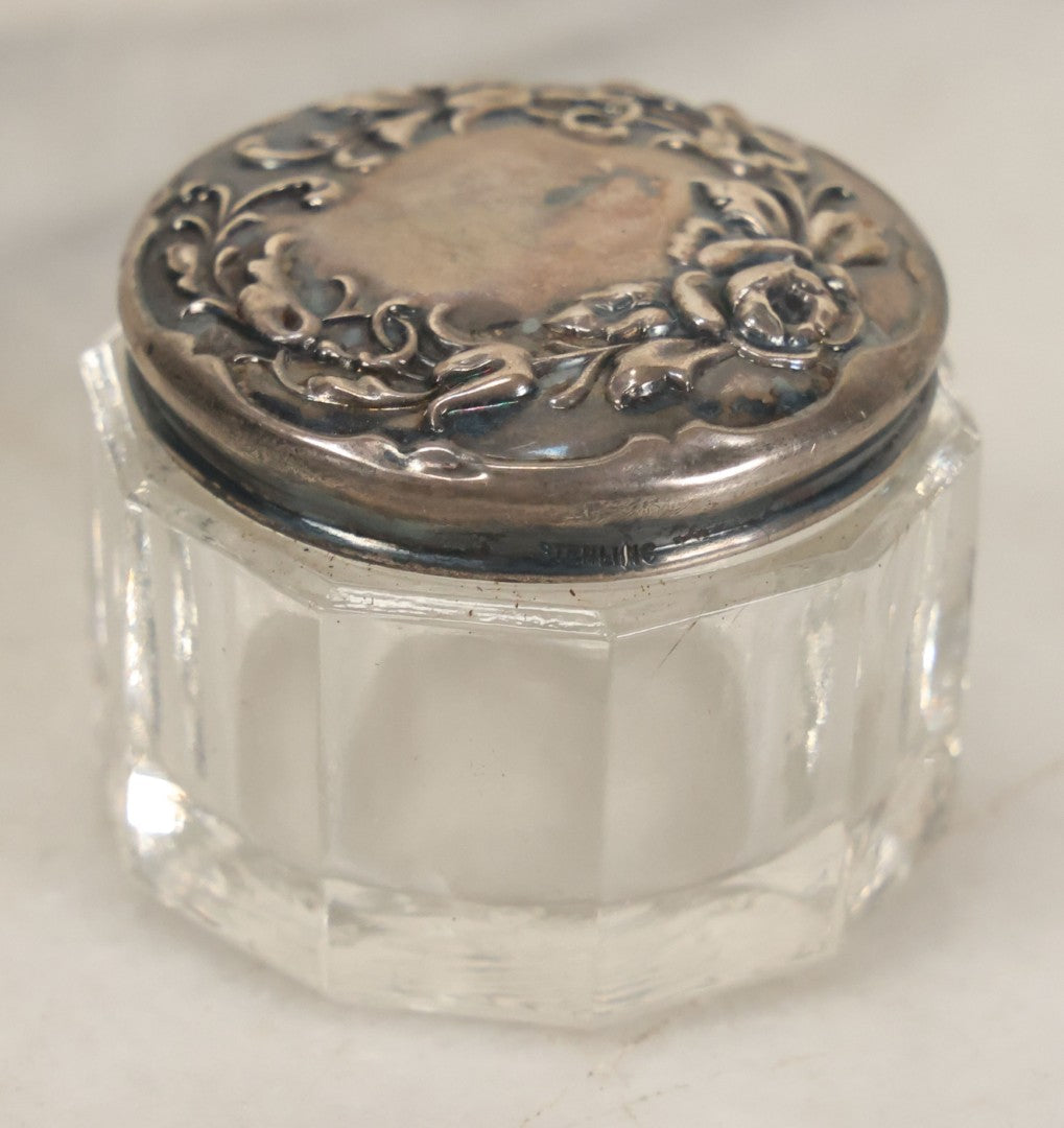 Lot 043 - Antique Glass Dresser Powder Or Cream Jar With Sterling Silver Art Nouveau Repoussé Lid, Marked Sterling