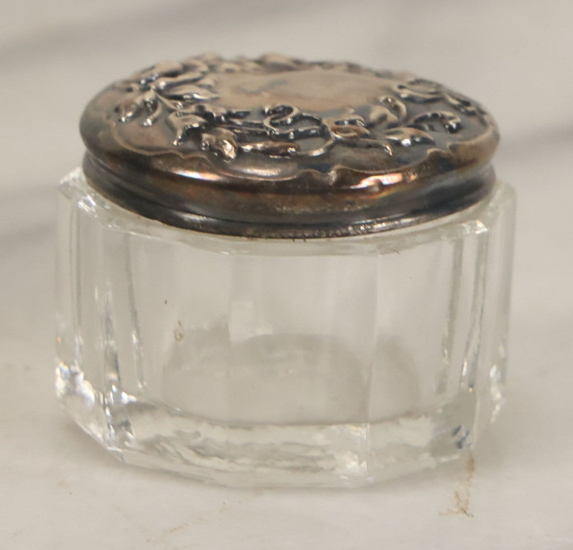 Lot 043 - Antique Glass Dresser Powder Or Cream Jar With Sterling Silver Art Nouveau Repoussé Lid, Marked Sterling
