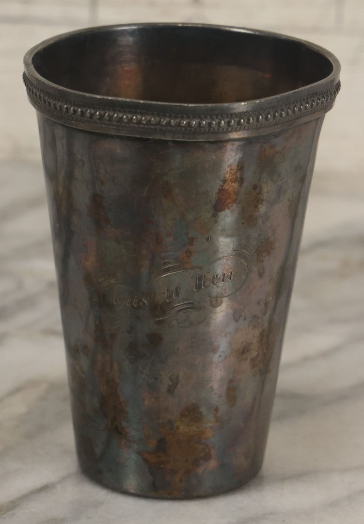 Lot 044 - Antique Silver Plate Presentation Drinking Cup With Engraving, "From Gus To Hen"