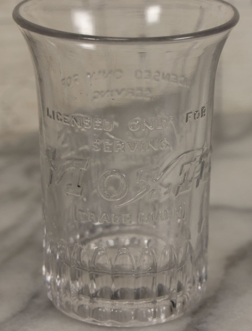 Lot 045 - Antique Moxie Soda Fountain Glass Drinking Cup, "Licensed Only For Serving Moxie," Trademarked