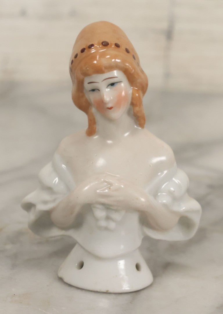 Lot 046 - Antique Porcelain Figural Lady Brush Topper With Orange Hair, Hand Painted, Made In Germany, No Brush