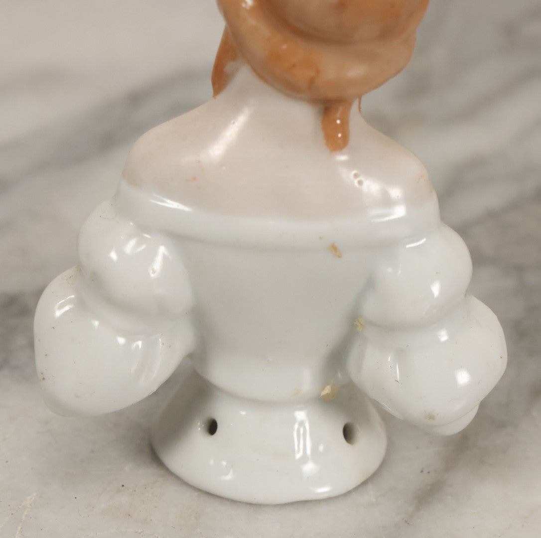 Lot 046 - Antique Porcelain Figural Lady Brush Topper With Orange Hair, Hand Painted, Made In Germany, No Brush