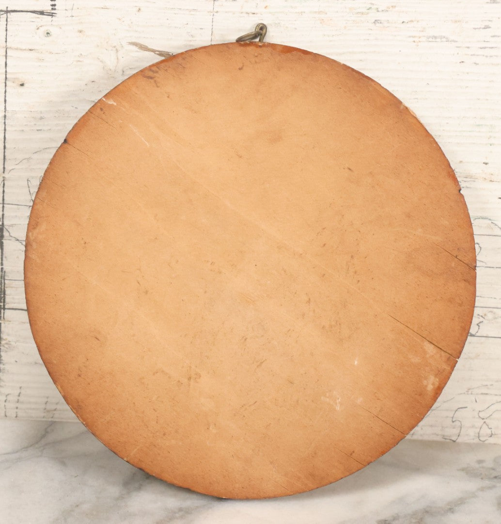 Lot 047 - Antique Flemish Art Pyrography Wood Burned Wall Hanger Disc With "Gibson Girl" Style Woman With Red Lipstick, Flowers, 7-3/4" Diameter