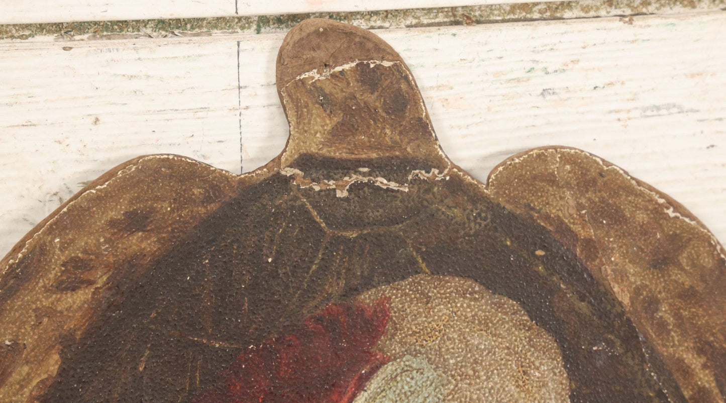 Lot 048 - Antique Hand Painted Die Cut Turtle Painting Board With Image Of A Woman In A Hat Surrounded By Daisies, Note Wear To Turtle's Neck